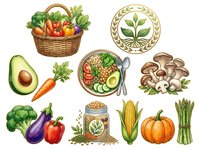 Organic farm fresh vegetables and grains collection featuring basket of produce, avocado, mushrooms, corn, squash and leafy greens. Ideal for healthy eating, nutrition and organic food design projects.