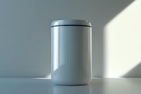 Minimalist white cylindrical container on clean surface with dramatic diagonal lighting creating shadow and highlight effects. Modern product photography.