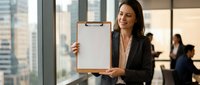 Professional businesswoman presenting blank clipboard in modern office environment for corporate presentations and business communications.