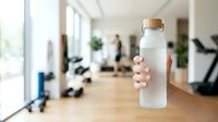 Close-up of hand holding white reusable water bottle with wooden cap in modern gym or fitness studio with blurred people exercising in background.