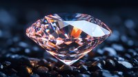 Brilliant round cut diamond with pink and orange reflections resting on dark stones, showcasing luxury jewelry craftsmanship and precious gem detail in dramatic lighting.