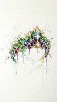 Watercolor princess crown with gold ornate details and colorful paint drips on white background for fantasy art and royal themed designs.