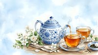 Watercolor tea set with blue and white porcelain teapot, steaming cups, and jasmine flowers on soft blue background.