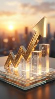 Golden transparent growth chart with upward arrow on glass platform against blurred city skyline at sunset for business success and financial progress concepts.