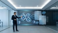 Businessman in dark suit presenting cybersecurity data on digital wall display with gear icons and shield symbols in modern office environment for corporate technology presentations.
