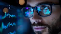 Caucasian male trader watching financial charts and market data reflected in glasses at night, illuminated by blue digital screen glow.