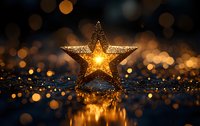 Golden decorative star with glowing center on dark reflective surface surrounded by magical bokeh lights and sparkles. Perfect for holiday and Christmas designs.