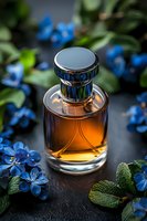 Elegant glass perfume bottle with amber liquid surrounded by fresh blue forget-me-not flowers and green leaves on dark background, luxury fragrance styling.