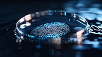 Digital fingerprint scan in futuristic blue light with reflective glass surface and metallic elements, forensic biometric security technology concept.