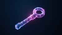 Glowing neon key with purple and blue luminescent particles on dark background, suitable for technology, security, digital solutions, and futuristic design projects.