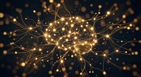 Glowing neural network brain with golden light connections and sparks on dark background for artificial intelligence and technology concepts.