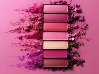 Crushed makeup eyeshadow and blush powder swatches in pink and nude tones arranged in rectangular palette samples on pink background with scattered powder texture.