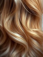 Wavy hair with caramel and honey blonde highlights, showcasing dimensional color and shine. Suitable for hair care, beauty, and salon marketing materials.