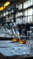 Laboratory flasks filled with amber liquid on tasting notes at whiskey distillery tour, with soft bokeh background and warm lighting atmosphere.