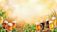 Watercolor beer mugs with hops and wheat on warm golden background, copy space for text, festive brewery banner design.