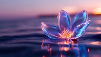 Glowing translucent flower floating on water surface at sunset, with ethereal blue petals and golden center creating magical reflection and bokeh effect.