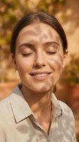 Young woman with brown hair and fair complexion smiling with eyes closed in warm sunlight, wearing beige shirt against blurred natural background for wellness and lifestyle content.