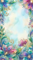 Watercolor floral frame with gold swirls, teal, purple, and pink blooms on a soft pastel background with glitter accents and copy space.