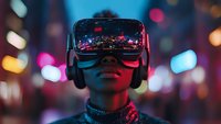 Young woman wearing virtual reality headset with neon city lights reflection, experiencing immersive technology against urban bokeh background at night.