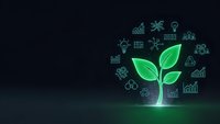 Green plant sprout with glowing business icons representing sustainable growth, eco-friendly innovation and environmental responsibility for corporate presentations.