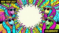 Colorful pop art style New Year 2027 celebration frame with cartoon party animals wearing sunglasses arranged in circle around blank center space for text or design use.