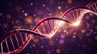 DNA double helix structure glowing with bright light effects and bokeh particles on purple background for genetic research and biotechnology.