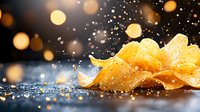 Golden potato chips with water droplets on dark surface with bokeh lights and sparkling effects for snack food advertising and culinary marketing.