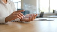 Businesswoman using holographic digital interface technology with data visualization in modern office workspace for future business solutions.