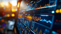Financial market data visualization showing dynamic stock charts with glowing orange and blue trading graphs on digital display screens for business analytics.