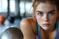 Determined young woman with blue eyes and freckles in athletic wear, focused expression during gym workout session.