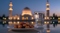 Fresh dates and water glass for iftar meal against illuminated mosque at dusk, bokeh lights creating spiritual Ramadan ambiance.