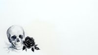 Monochrome skull with black rose on white background, isolated design element for gothic, Halloween, and alternative art projects.