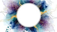 Abstract watercolor frame with colorful paint splashes and golden swirls surrounding white circle for text or logo design on transparent background.