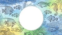 Underwater marine life frame with tropical fish, coral reef and seahorse on colorful watercolor background. Ocean themed border design for aquatic projects.