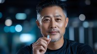 Middle-aged Asian businessman holding pill or supplement with confident expression against blurred office background with bokeh lights, wellness concept.