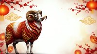Ornate ram with golden horns and decorative red coat stands amid cherry blossoms and lanterns for Chinese New Year celebration and zodiac festivities.