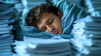 Young Asian male student sleeping on stack of papers and documents with blue toned lighting, expressing exhaustion and overwork in academic or office environment.