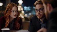 Young redhead woman and bearded man in glasses having serious conversation at night cafe with blurred city lights and bokeh in background.