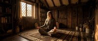 Young woman practicing meditation in rustic wooden cabin with warm sunlight streaming through latticed window creating peaceful mindfulness atmosphere.