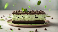Layered mint chocolate dessert with chocolate chips and fresh mint leaves floating in air, creamy green filling on chocolate base, served on pink plate.