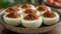 Halved hard-boiled eggs topped with spicy chorizo and paprika mixture served on rustic ceramic plate, garnished with fresh herbs. Close up food photography.