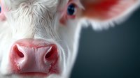 Close up portrait of pink nose and blue eye of white albino cow against dark background, showing unique coloring and striking detail of farm animal features.