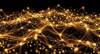 Golden network connections with glowing nodes and flowing data streams on dark background for technology and digital communication concepts.