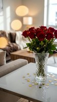 Red roses bouquet in crystal vase on coffee table with golden confetti in modern living room interior for romantic home decoration and special occasions.