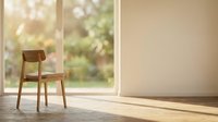 Wooden chair positioned near large window with natural light streaming in, empty interior space with beige wall and polished floor for furniture and home design projects.