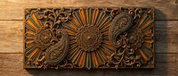 Ornate wooden carved panel featuring sunburst design with decorative paisley motifs and intricate scrollwork on rustic wood background for interior decor.