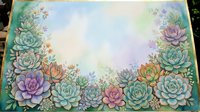 Watercolor succulent border frame with pastel rainbow background for botanical wedding invitations, greeting cards and decorative design projects.