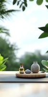 Minimalist spa composition with essential oil bottle, ceramic vase and stones on wooden tray against blurred tropical foliage background, wellness concept.