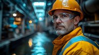 Mature male construction worker in yellow safety gear and hard hat with protective glasses in industrial setting with dramatic blue lighting and reflective surfaces.