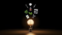 Glowing light bulb with creative icons floating above including chef hat, utensils, leaves and books on dark background representing innovation and ideas.